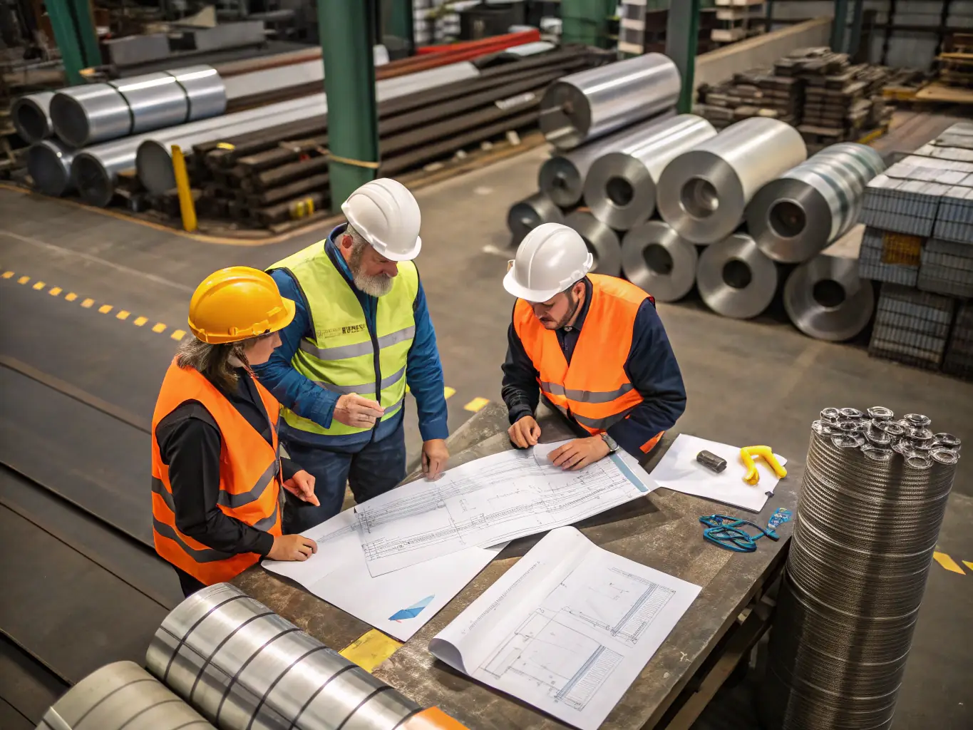 An image of Al Hamad Aluminium's quality control team inspecting aluminum profiles on the production line, emphasizing the company's commitment to quality assurance and adherence to industry standards.