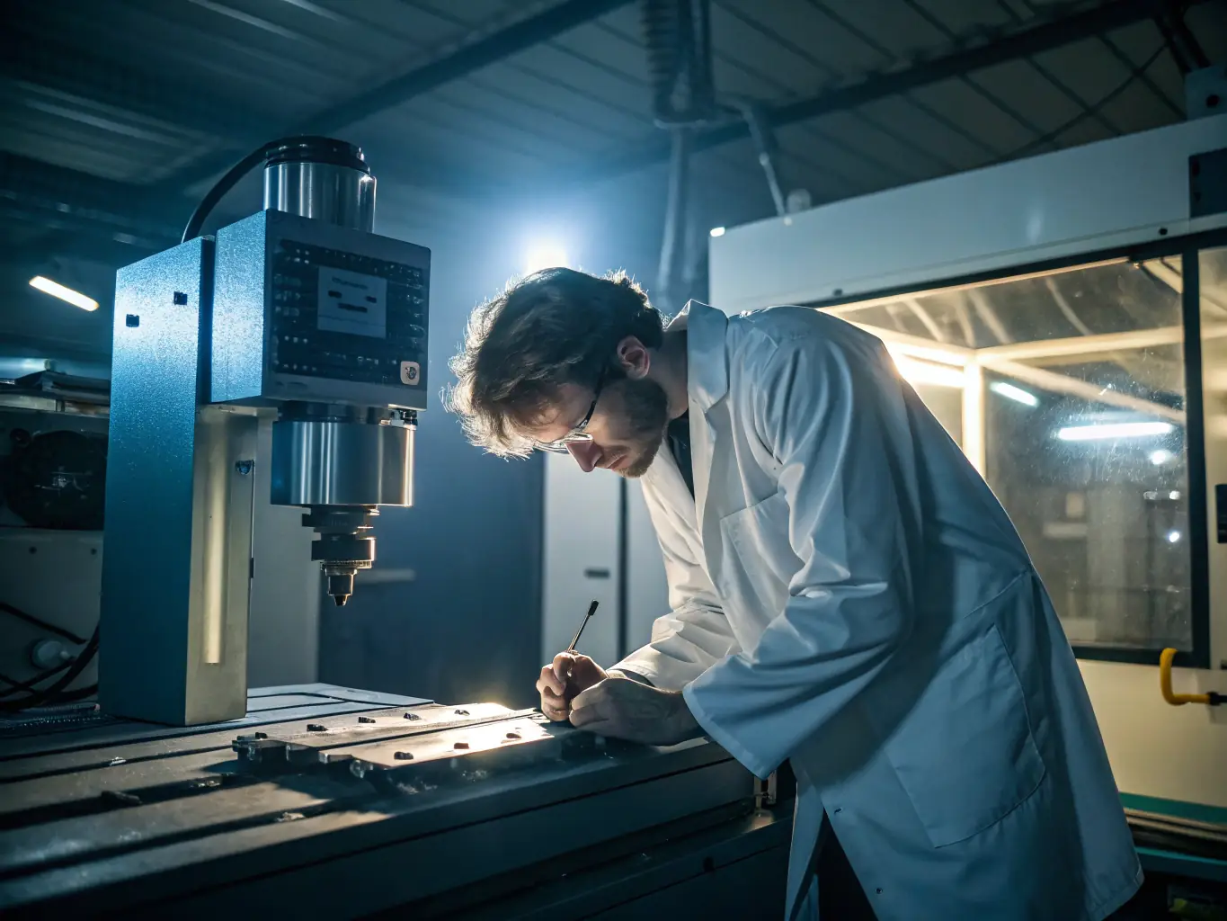 A detailed shot of an aluminum profile undergoing rigorous testing in a laboratory setting, with various measuring instruments visible.