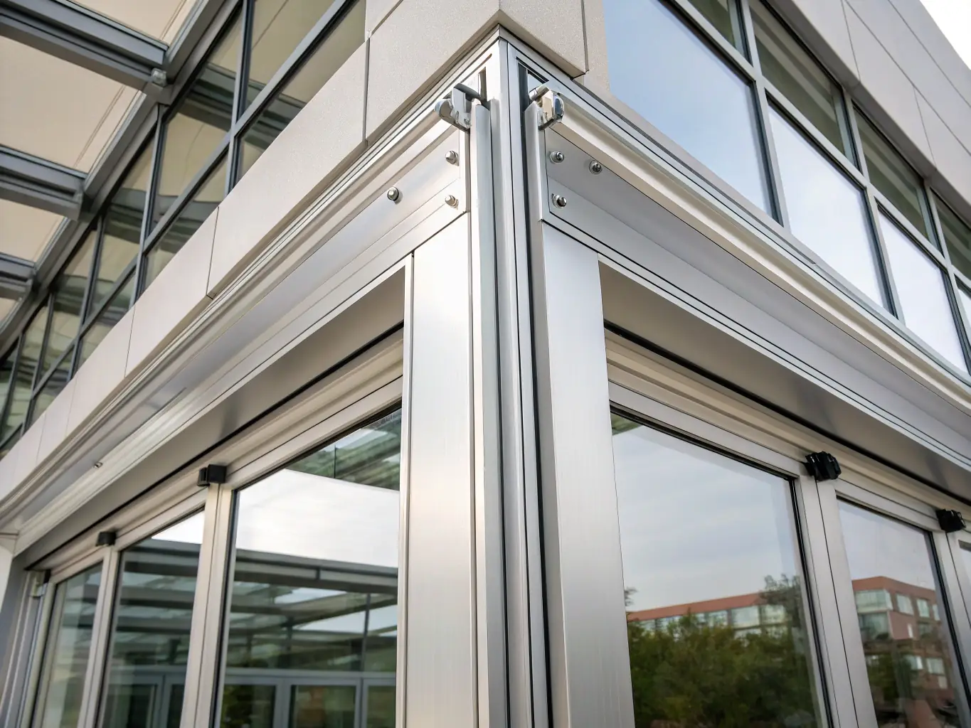 An image of a complex architectural structure, such as a modern building facade, highlighting the use of custom aluminum profiles in its construction.