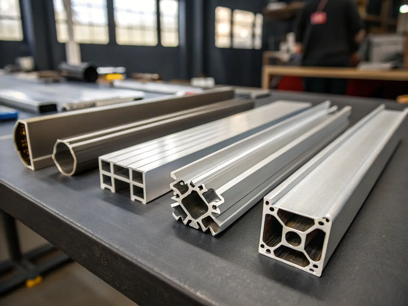 A close-up shot of various aluminum profiles used in industrial machinery, highlighting their precision and durability in demanding environments.